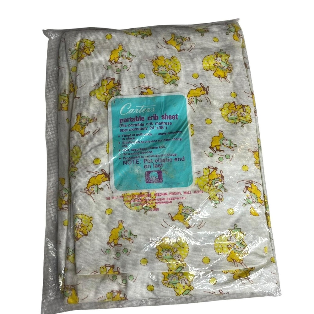 Vintage Carters Portable Crib Sheet Yellow Bear Print 100% Cotton Knit 24x38 NEW